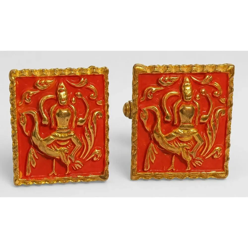 Beautiful‎ Goddess & Swan Red Cuff Links Enamel Unisex Oriental Asian Motif cl-